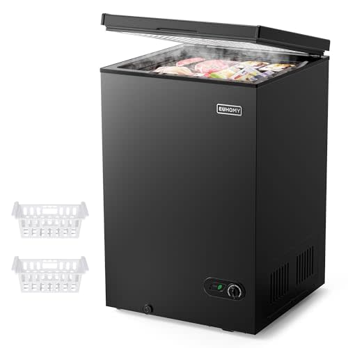 EUHOMY 3.5 Cu.Ft Chest Freezer, Deep Freezer Top Door, Black | 7-Level Thermostat, 6°F to 10°F, Top Door, Storage Basket, Energy Efficient, 38 dB, Freestanding