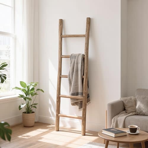 Oujchenghome Natural Wood Blanket Ladder - 57in Natural & Motley Wood - Leaning Wall Decor for Bedroom, Bathroom, Living Room - Rustic Quilt Holder & Towel Rack (Fully Assembled)