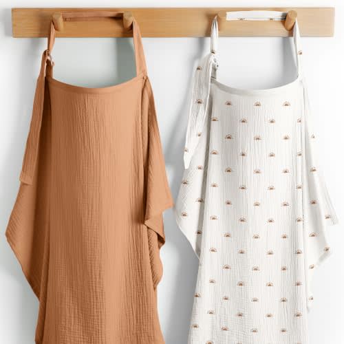 Comfy Cubs Muslin Nursing Cover Pack of 2, 100% Cotton Muslin Breastfeeding Cover for Moms, Soft & Breathable Baby Nursing Scarf, Adjustable Neck Strap - Privacy Coverage - Sun Pattern and Caramel