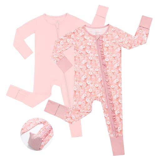 JunNeng Baby Girl Viscose from Bamboo Sleeper with Mitten Cuffs, 2 Way Zipper Romper, Sleep N' Play Pajamas 0-18 Months