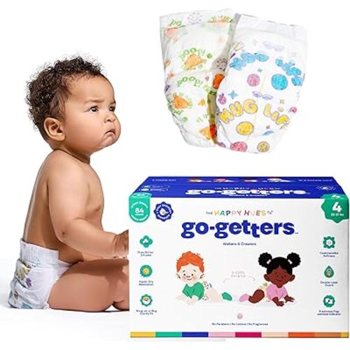 Happy Hues Go-Getters Disposable Diapers Size 4, 22-37 lbs – Baby Diapers with Shea Butter,Wetness Indicator, Leak Protection–Ultra-Soft Unisex Diapers with Full Coverage for Boys & Girls, 84Count