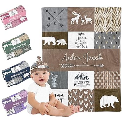 Personalized Baby Blankets for Boys & Girls - Custom Woodland Blankets with Name & Hat - Red