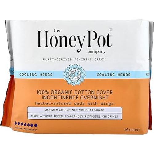 The Honey Pot Company - Herbal Pads for Women - Organic Incontinence Overnight w/Wings - Infused w/Essential Oils for Cooling Effect - Postpartum Essentials - Feminine Care - 16 ct