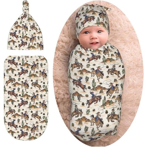 Western Cowboy Cactus Newborn Swaddle Blanket Baby Stuff Baby Swaddling Blanket with Beanie Set Soft Sleeping Sack for Unisex Girls Boys