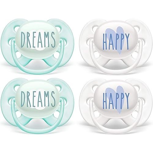 Philips AVENT Ultra Soft Pacifier 0-6 Months, Dreams and Happy Designs, 4 Pack, White/Green, SCF222/43