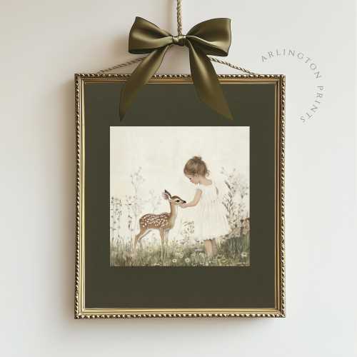Vintage Little Girl & Fawn Print, Baby Deer Nursery Decor, Woodland Nursery Art, Farmhouse Siege Green Decor, Girls Room Animal Nursery T77