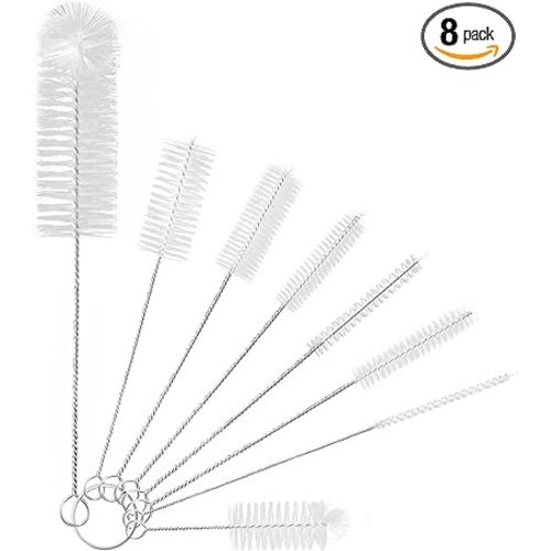 Yolaist 8 Pcs Bottle and Straw Cleaner, Long Deep Nylon Brush with Bendable Stainless Steel Flexible Handles for Bottles, Straws, Pipes, Wine Decanter, Sinks and Cup Cover