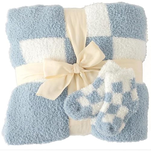Orelle Checkered Baby Blanket & Matching Socks Set, Blue