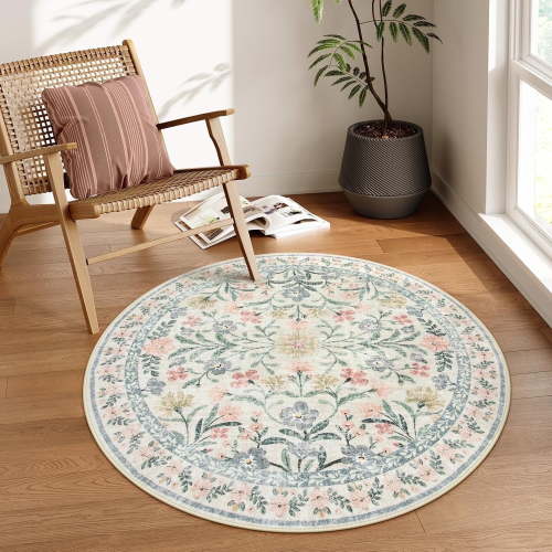 Lahome 4'Round Washable Runner Rug for Living Room with Non Slip Backing,Traditional Boho Hallway Runner Rug,Low Pile Lightweight Carpet,Floral Print Mat,Better Home,Washable Machine,Beige
