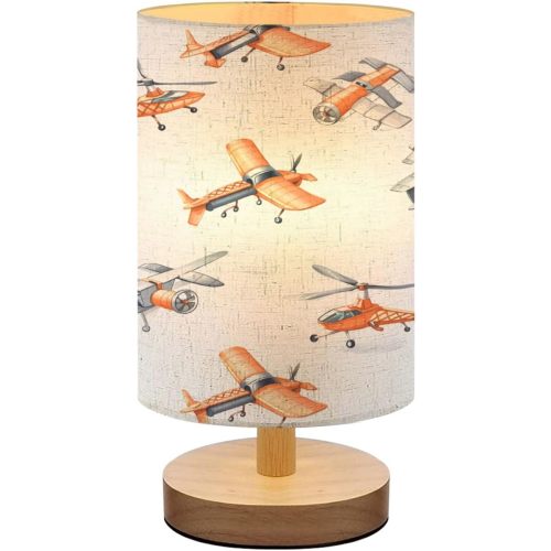 Bedside Lamp for Bedroom, Retro Planes Watercolor Seamless Pattern Small Lamp, Linen Lampshade Table Lamp, Dimmable Nightstand Lamp with Woodbase for Living Room Office