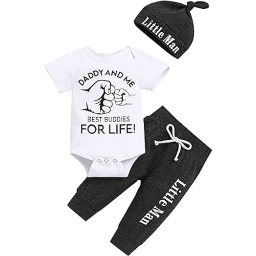 Newborn Infant Baby Boy Clothes Letter Print Romper Pants Set Hat 3PC Outfits Set
