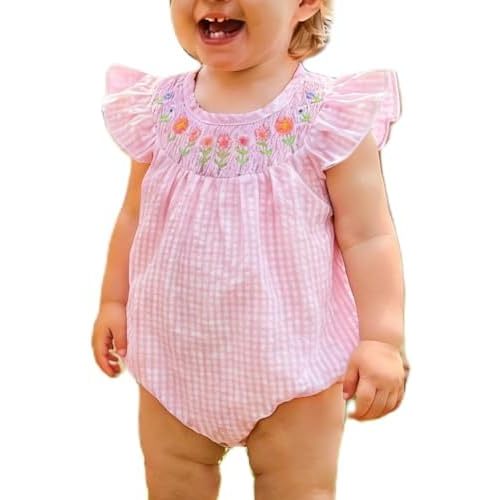 Cute Smocked Bubble Romper Western Baby Girl Clothes Gingham Embroidery Rompers Baby Girl Rodeo Outfit