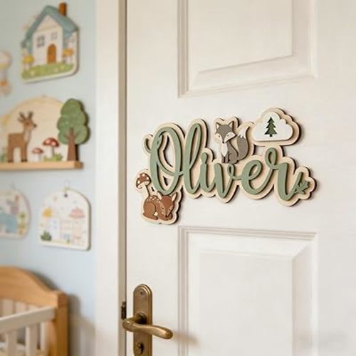 Personalized Woodland Name Sign for Boys Nursery, Custom Wooden Baby Name Wall Decor with Fox and Deer, Forest Animal Kids Room Wall Art