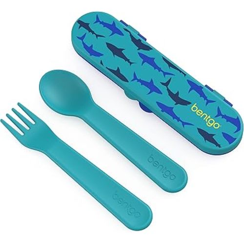 Bentgo Kids Utensil Set - Reusable Plastic Fork, Spoon & Storage Case - BPA-Free Materials, Easy-Grip Handles, Dishwasher Safe - Ideal for School Lunch, Travel, & Outdoors (Shark)