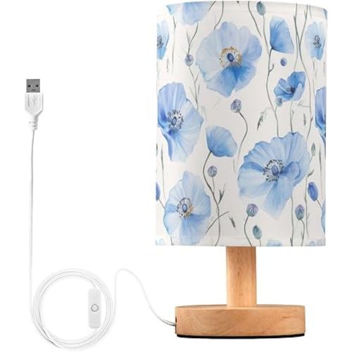 Light Blue Poppy Flowers Blue and White Bedside Table Lamps with USB Port for Bedroom Lamp Accent Table Lamp Small Nightstand Lamp Sturdy Linen Shade Wooden Decorative Lamps for Office Dorm Home