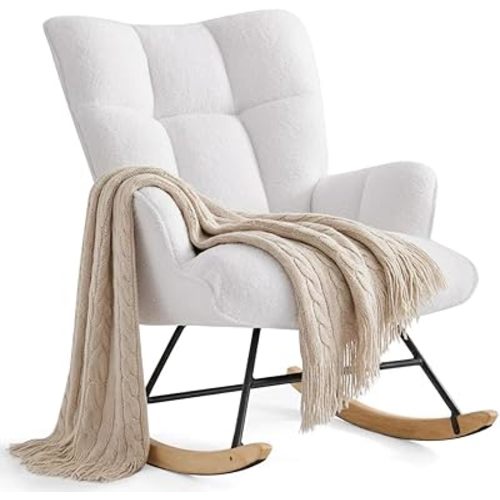 Zedachica Rocking Chair Nursery Teddy Upholstered Glider Rocker Rocking Accent Chair Padded Seat with High Backrest Armchair Comfy Side Chair for Living Room Bedroom Offices (White Teddy)