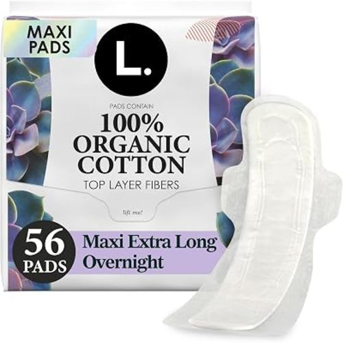 L. Extra Long Maxi Pads for Women, Overnight Absorbency, Organic Cotton Top Layer, Unscented Pads with Wings, 56 Count (2 Packs of 28)
