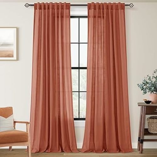 84 inch Linen Terracotta Curtains 2 Panels for Living Room Back Tab Light Filtering Semi Sheer Rust Colored Curtains 84 inches Long Soft Thick Cotton Cloth Textured Rustic Boho Farmhouse Room Decor
