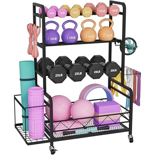 Dumbbell Rack, Adjustable Weight Rack for Home Gym Storage with 4 Wheels, Side Basket, Hooks, Multipurpose Metal Dumbbell Stand for Kettlebells, Yoga Gear, Strength Training Equipment, Black