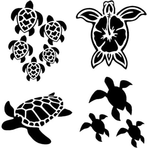 Sea Turtle Decal 4 Pack: Sea Turtle Family, Hibiscus Turtle Shell, Sea Turtles Silhouette (Black, Small ~3.5")