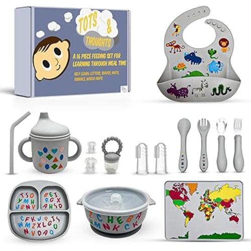 Tots and Thoughts 16-Piece Silicone Baby Feeding Set – Educational Themed Baby Feeding Kit – BPA-Free Suction Plate, Bib, Bowl, Sippy Cup, Fruit Feeder, Spoon & Fork – Microwave & Dishwasher Safe