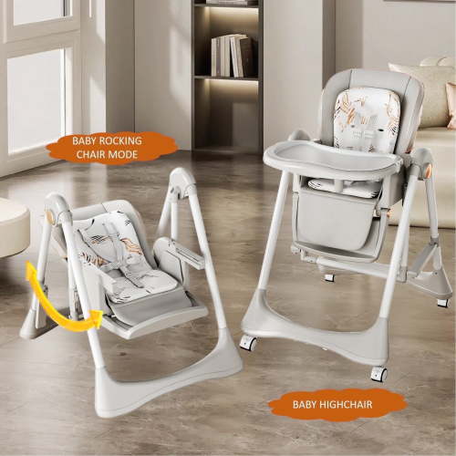 4 in 1 Convertible Baby High Chair Baby Swings Foldable Infant Feeding Chair Dining Chair with Removable Tray,5-Point Harness,Universal Wheels ,PU Leather for Babies to Toddlers,Gray