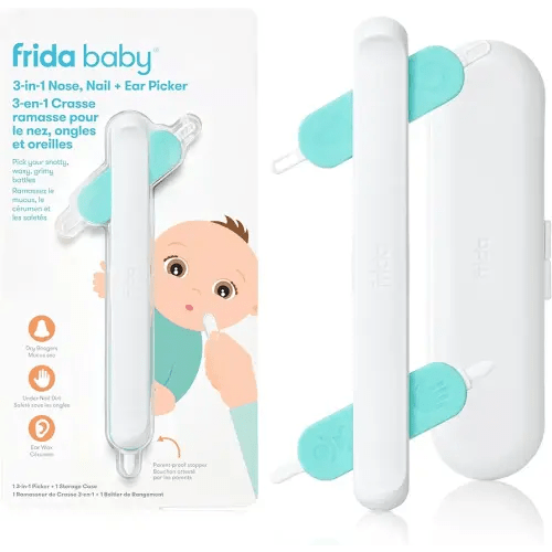 Frida Baby 3-in-1 Nose, Nail + Ear Wax Removal Tool, Baby Ear Cleaner + Baby Nose Cleaner and Nail Tool for Babies + Toddlers, Safely Clean Baby's Boogers