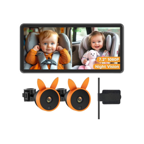 Baby Car Camera for 2 Kids - 7.2" Large HD Display Dual Channel Baby Monitor, Clear 1080P IR Night Vision Car Seat Camera, Easy Install & Secure Rear-Facing View