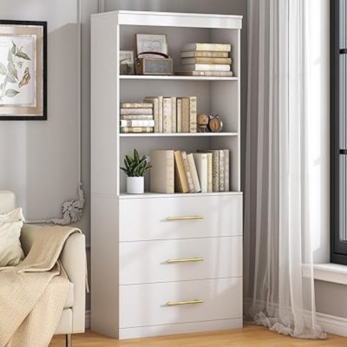 Winkalon 71" Tall White Bookshelf with Drawers, Bookcase and Bookshelf with 3-Tier Open Shelves, Tall Bookcase Tall Storage Cabinet for Home Office Living Room, 15.8" D x 31.5" W x 71" H