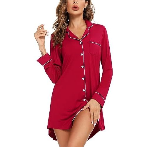 Pjmlifecoco Nightgown for Women Button Down Sleepshirt Short/Long Sleeve Nightdress Soft Modal Sleepwear S-XXL