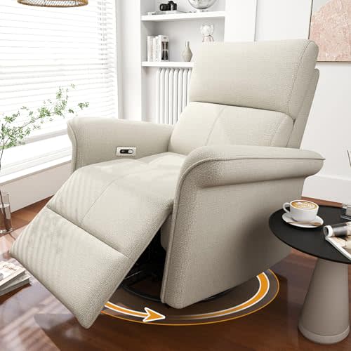 cinkehome Power Swivel Rocker Recliner with USB, Overstuffed Electric Reclining Chair, Snowflake Fleece Rocker Recliner for Nursery, Living Room