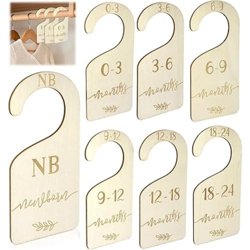 7PCS Baby Closet Dividers for Clothes Organizer - Adorable Wooden Baby Clothes Size Hanger Organizer from Newborn to 24 Months for Nursery Beautiful Decor