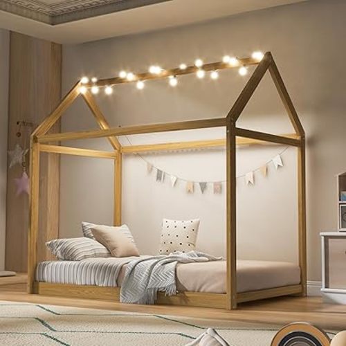 Merax Twin Size House Bed Frame with LED Lights, Solid Wood Montessori Floor Bed, Low Platform Kids Play House Bed for Boys Girls Bedroom, Natural Wood Finish