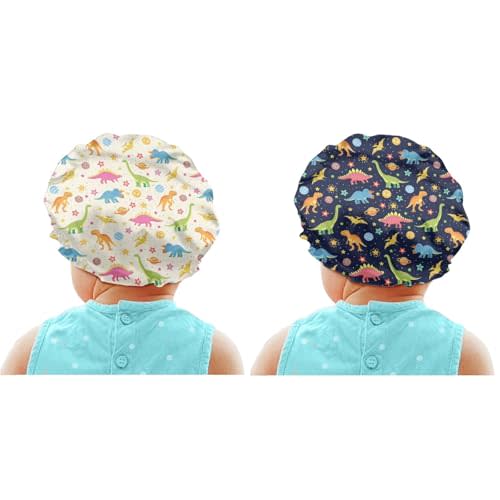 Babrukda Adjustable Kids Sleep Caps Bulk Elastic Band Flat Cap Sleeping for Hair Satin Bonnet Sleeping Beanie Hair Cap for Girls Boys 2Pcs Set Headwear Hat, Galaxy Dinosaur