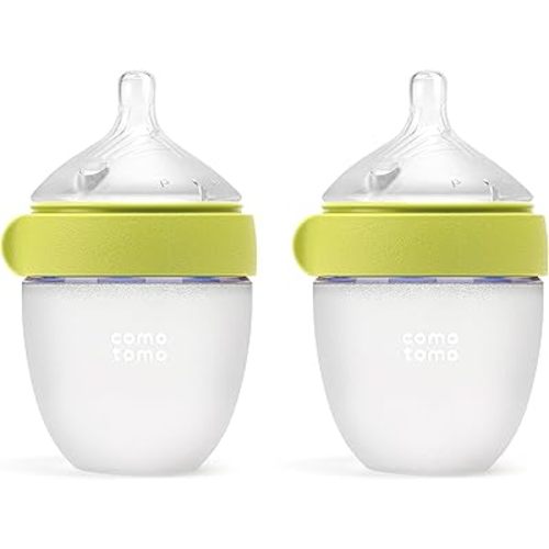 Comotomo Silicone Baby Bottle 2 (5oz) – Baby Bottle Refined – Soft, Wide-Neck Bottle with True Slow-Flow Nipple for Newborn Feeding (0-3 Months) with Dual Anti Colic Vents, Green (Double Pack)