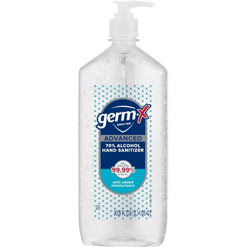 Germ-X Advanced Hand Sanitizer, 34 Fl Oz (1 Liter), Less Drying Moisturizing Clear Gel, No Rinse Formula, Large Family Size Pump Bottle