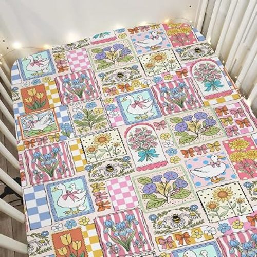 Pastel Geese Flowers Baby Crib Sheets for Boy Girl 52x28Inch Cottagecore Duck Bows Floral Bees Soft Snug Fitted Crib Mattress Cover Spring Farm Animals Bed Sheet for Standard Crib & Toddler Mattress