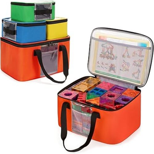 4 Pack Toy Storage Bag for Magnetic Building Tiles, Multifunction Toy Storage Organizer Bag, Magnetic Blocks Tiles Travel Bag Case with Visible Top for Building Blocks, Board Game