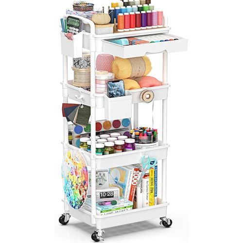 4 Tier Rolling Utility Cart with Drawer, Storage Organizer Cart with 2 Lockable Wheels, Multifunctional Rolling Storage Cart for Bathroom, Kitchen, Craft, Makeup, Baby Essentials, White