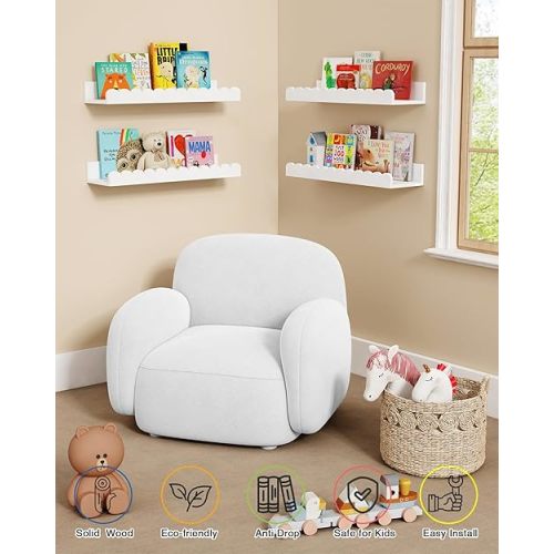 Scalloped Nursery Floating Shelves for Wall Set of 4, White Kids Book Shelves Wall Mounted, Cloud Hanging Bookshelf for Baby Toddler Child Girls Boys Room Bathroom Bedroom Toys (Pine Wood)