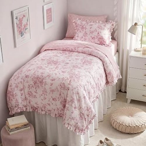 Madison Park Essentials Adele Comforter Set Pink Floral Twin XL – Shabby Chic Vintage Bed in a Bag with Sheet Set, Reversible Ruffle Bedding, College Dorm Gift for Her Women Teen