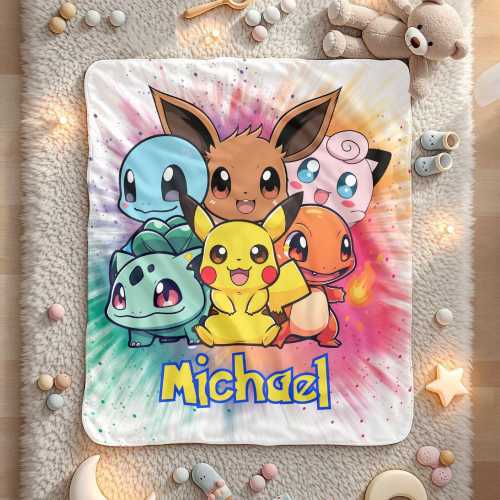 Custom Pokemon Blanket, Personalized Pokemon Style Baby, Kids Blanket Birthday Gift Throw, Colorful Cartoon Bedding Decor, Cozy Anime