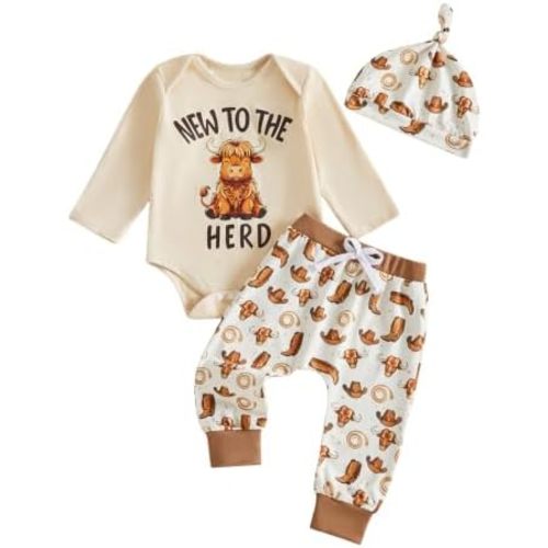 KMBANGI New to The Herd Newborn Baby Boy Clothes Cow Romper Pants Hat Set