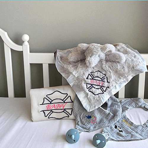 Firefighter Newborn gift set embroidered security comfort First Responder plush toy blanket personalized bib pacifier holder keepsake
