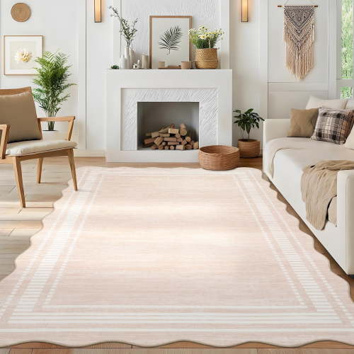 Towallmark 8x10 Washable Area Rug, Ultra Soft Low Pile Non-Slip Carpet, Modern Scalloped Print Floor Mat for Living Room Bedroom Home Decor, Natural Ivory