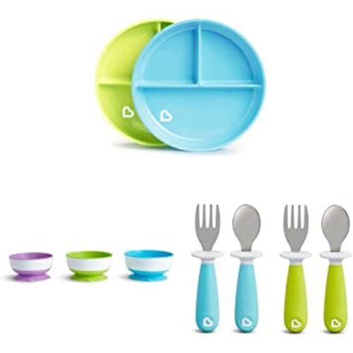 Munchkin Stay Put Divided Suction Plates, Blue/Green & Stay Put Suction Bowls & Raise™ Toddler Fork and Spoon Utensil Set