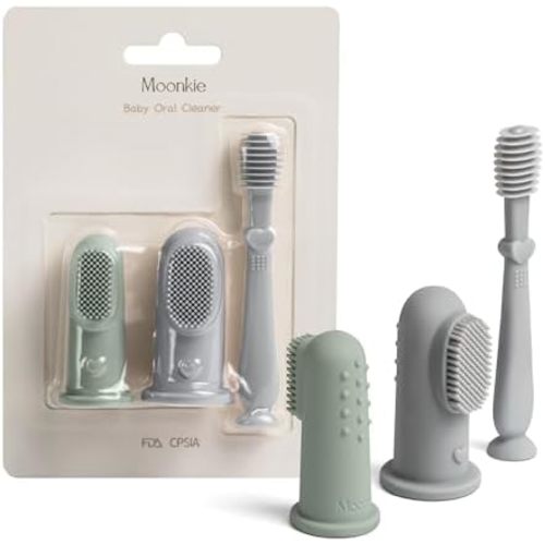 Moonkie Baby Finger Toothbrush Tongue Oral Cleaner Kit for 3 Months +, 3 Pcs (Blue/Mint/Blue)