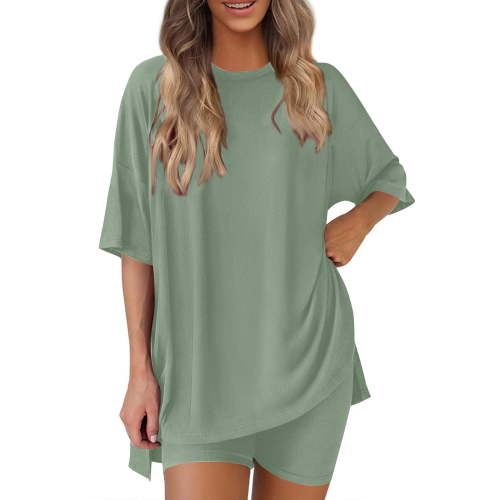 Bovxnpu Summer Casual Outfits For Women, 2 Piece Lounge Sets, Women's Summer Solid Color Round Neck Five Quarter Sleeved Top+shorts Pants Two-piece Set S