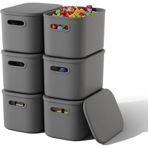 ORGIDOL 6 Pack Grey Storage Bins with Lids Stackable Storage Container for Organizing, Storage Boxes with Handle for Shelves, Cute Organizer Bins for Craft, Snacks, 9.85x6.9x5.7 inch