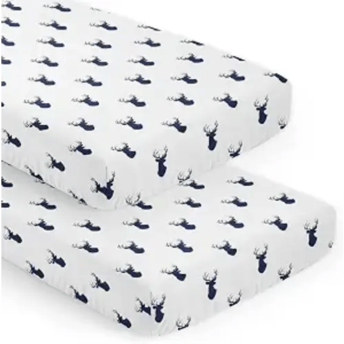 Sweet Jojo Designs 2-Piece Baby Crib Sheets Set (Woodland Deer) for Boys, Infant Nursery, Toddler Room -Fitted, Standard Size (Classic, Forest Animal, Stag, Antler, Minimalist, Navy Blue and White)